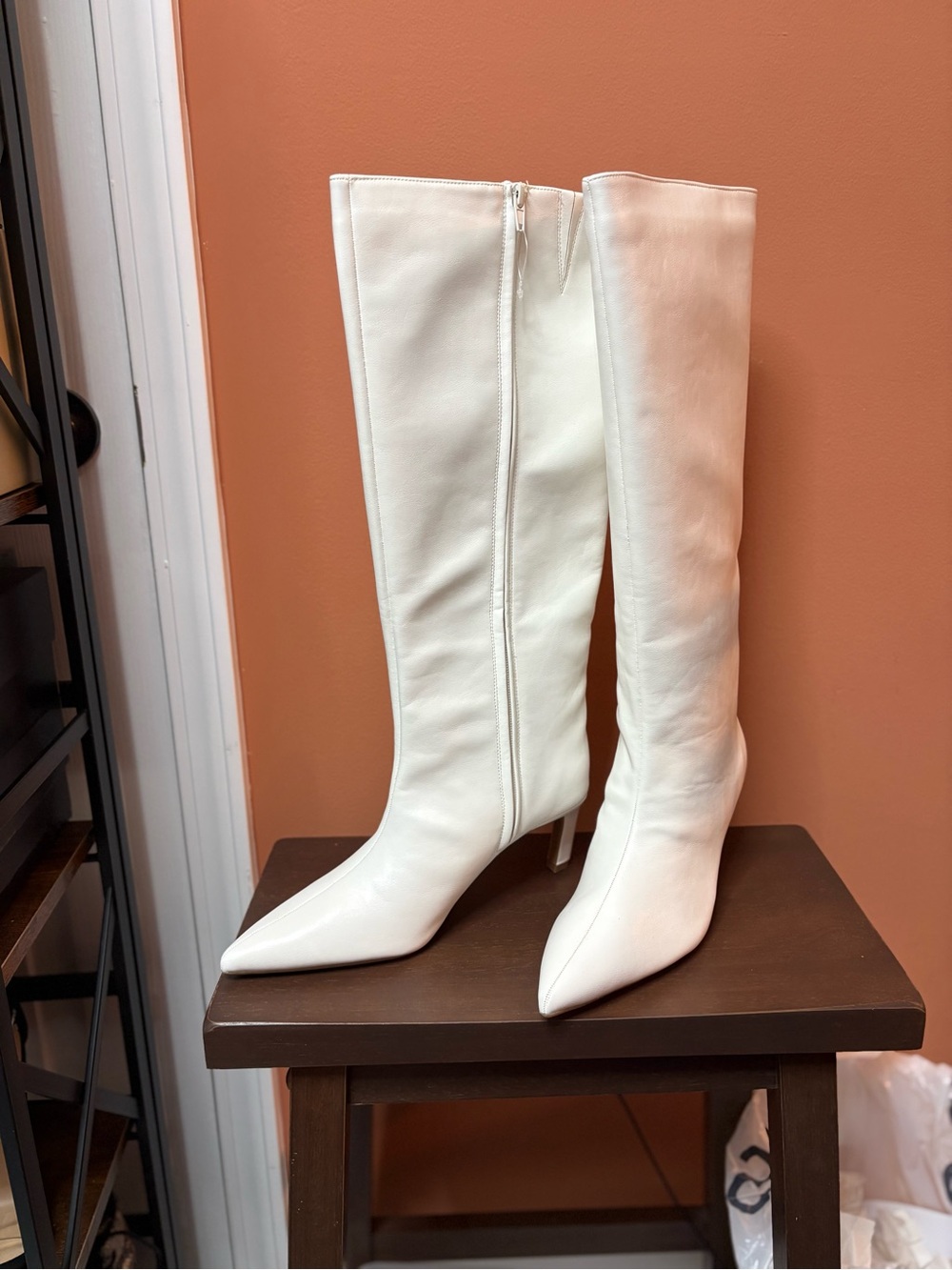 White Knee-High Pointed Toe Stiletto Boots with Side Zip - Picture 2 of 4